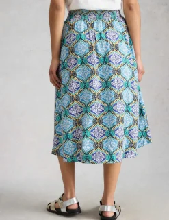 Linen Rich Printed Midi A-Line Skirt