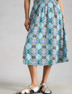 Linen Rich Printed Midi A-Line Skirt