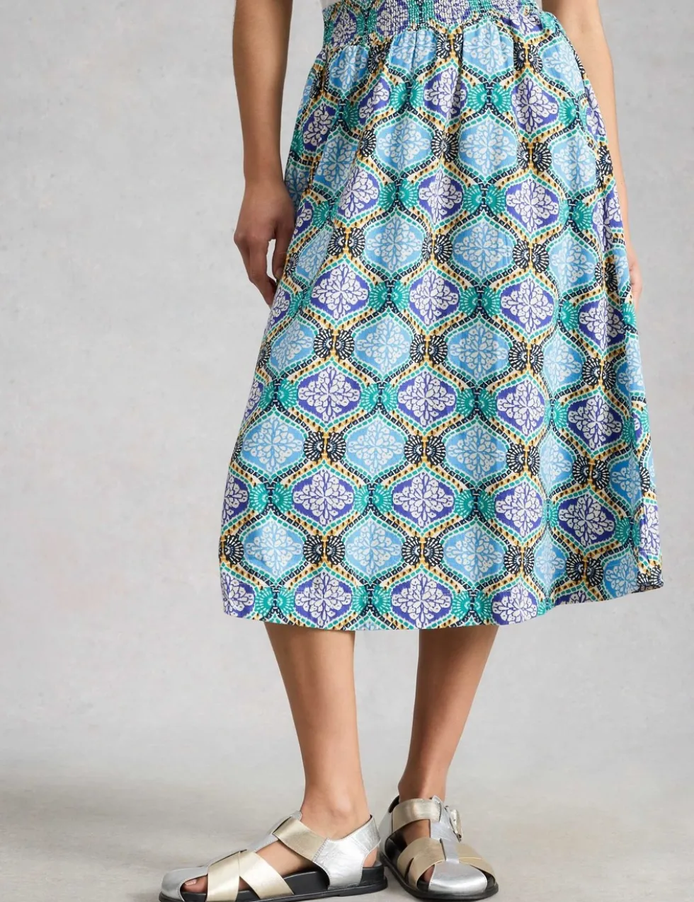 Linen Rich Printed Midi A-Line Skirt