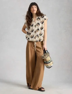 Linen Rich Printed Notch Neck Tie Detail Top