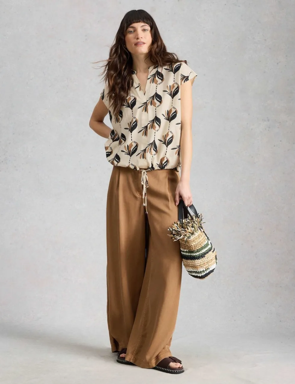 Linen Rich Printed Notch Neck Tie Detail Top