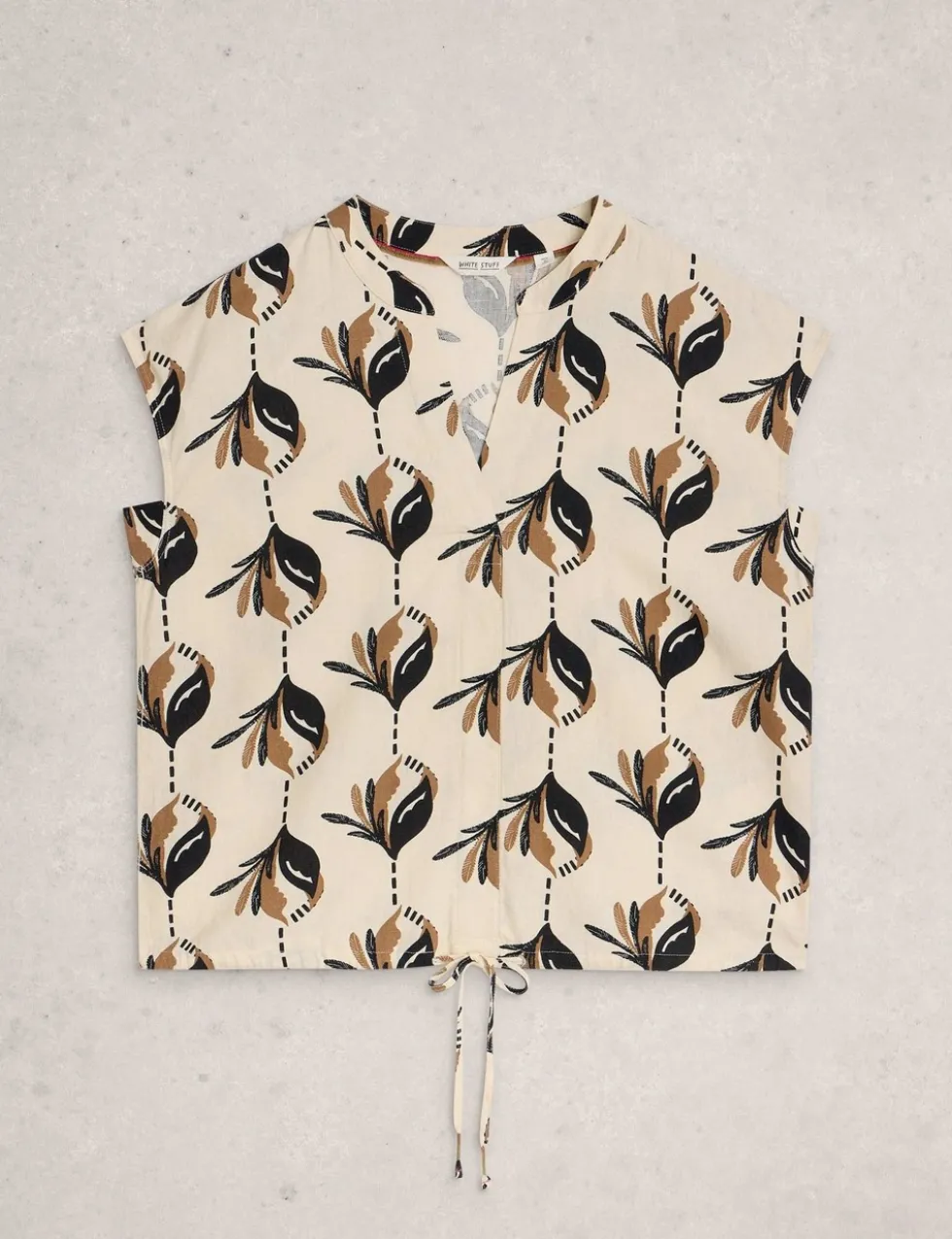 Linen Rich Printed Notch Neck Tie Detail Top