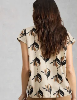 Linen Rich Printed Notch Neck Tie Detail Top