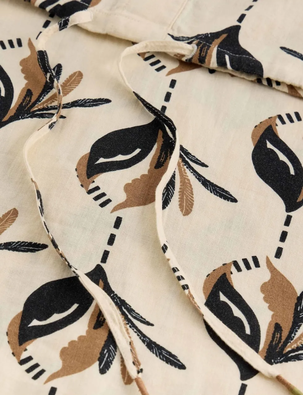 Linen Rich Printed Notch Neck Tie Detail Top