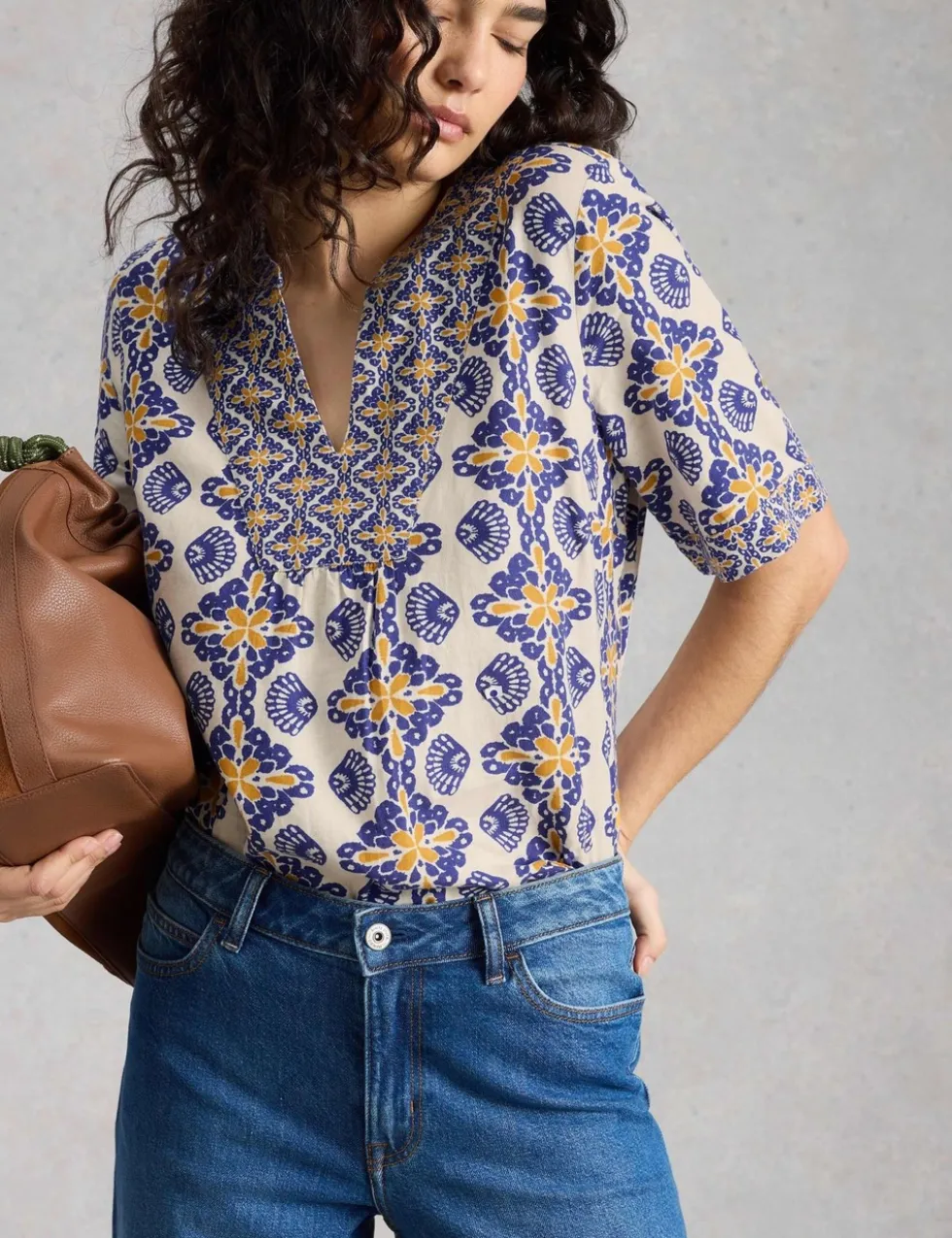 Linen Rich Printed Notch Neck Top