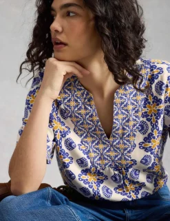 Linen Rich Printed Notch Neck Top