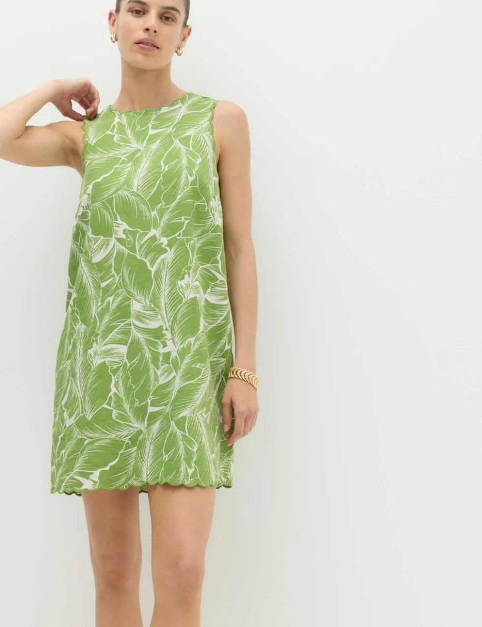 Linen Rich Printed Scallop Mini Shift Dress