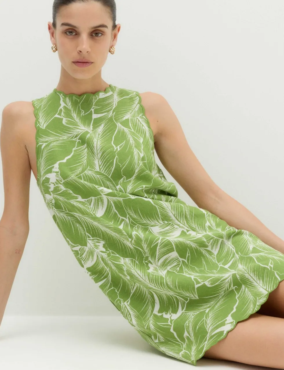 Linen Rich Printed Scallop Mini Shift Dress