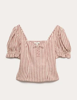 Linen Rich Printed Sweetheart Neck Top