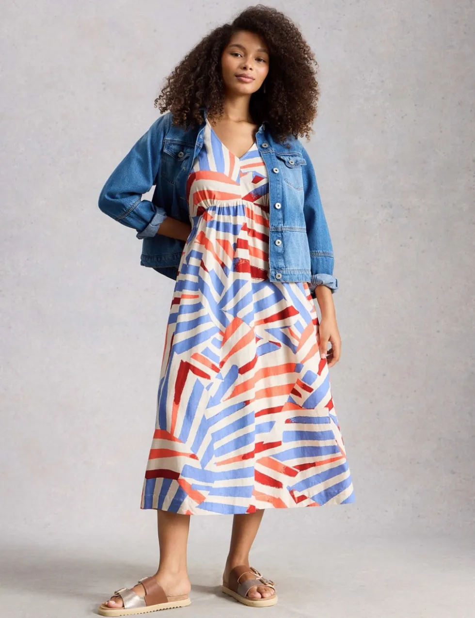 Linen Rich Printed V-Neck Midi Tea Dress