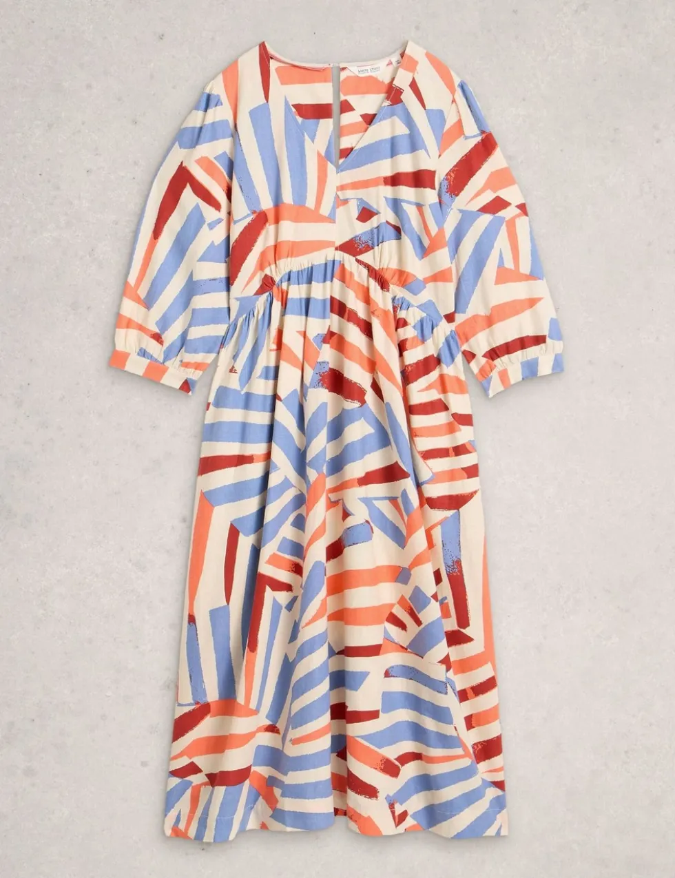 Linen Rich Printed V-Neck Midi Tea Dress