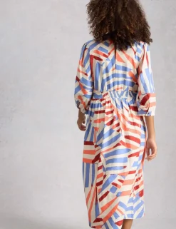 Linen Rich Printed V-Neck Midi Tea Dress
