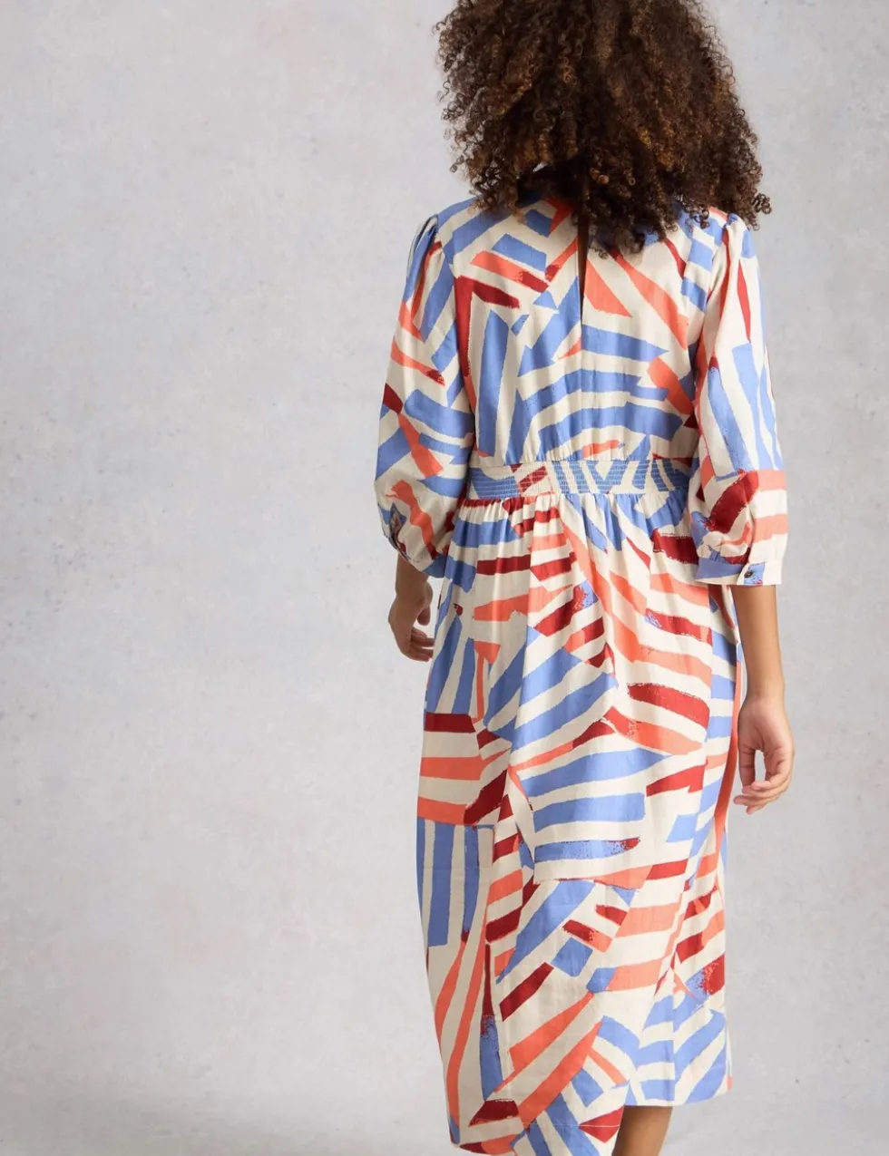 Linen Rich Printed V-Neck Midi Tea Dress