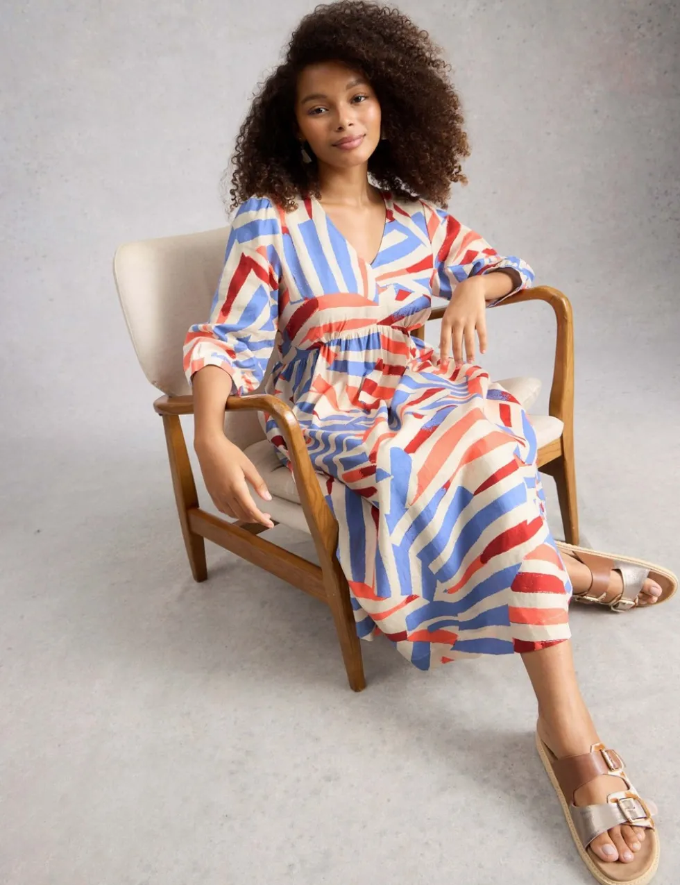 Linen Rich Printed V-Neck Midi Tea Dress