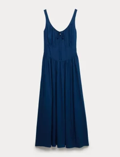 Linen Rich Round Neck Strappy Midi Swing Dress