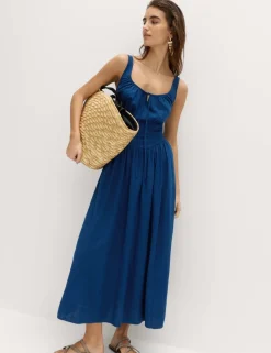 Linen Rich Round Neck Strappy Midi Swing Dress