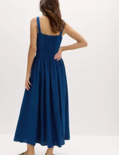Linen Rich Round Neck Strappy Midi Swing Dress