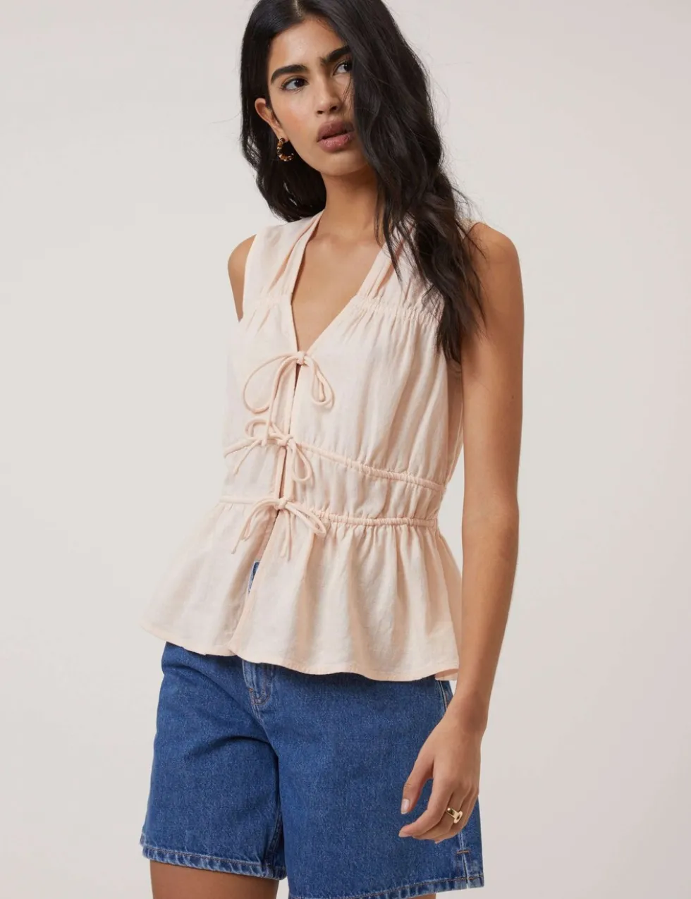 Linen Rich Ruched Tie Front Peplum Top