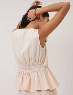 Linen Rich Ruched Tie Front Peplum Top