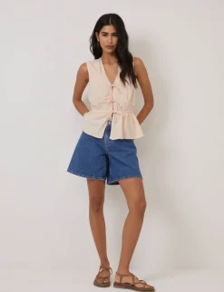Linen Rich Ruched Tie Front Peplum Top