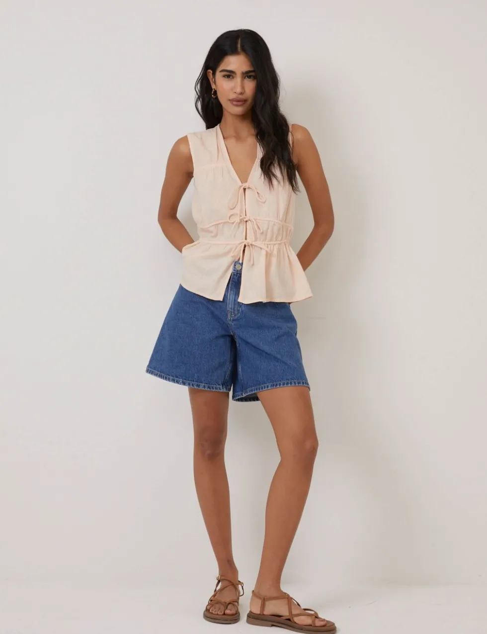 Linen Rich Ruched Tie Front Peplum Top