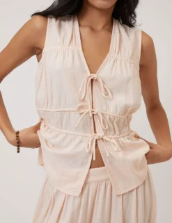 Linen Rich Ruched Tie Front Peplum Top
