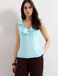 Linen Rich Ruffle Trim Top