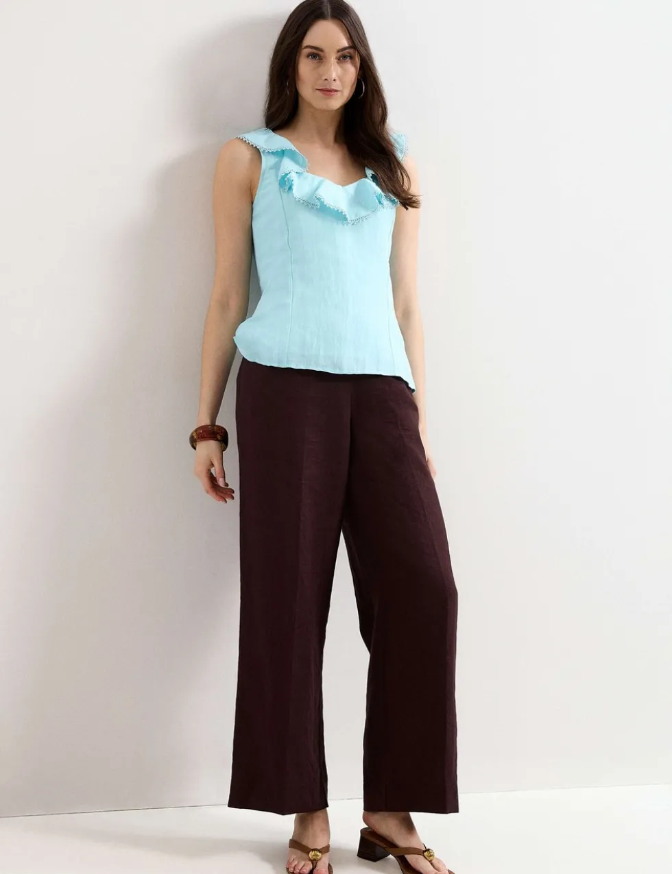 Linen Rich Ruffle Trim Top