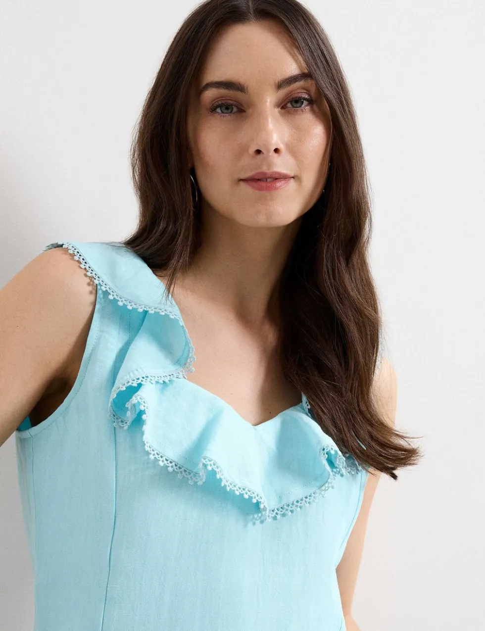 Linen Rich Ruffle Trim Top