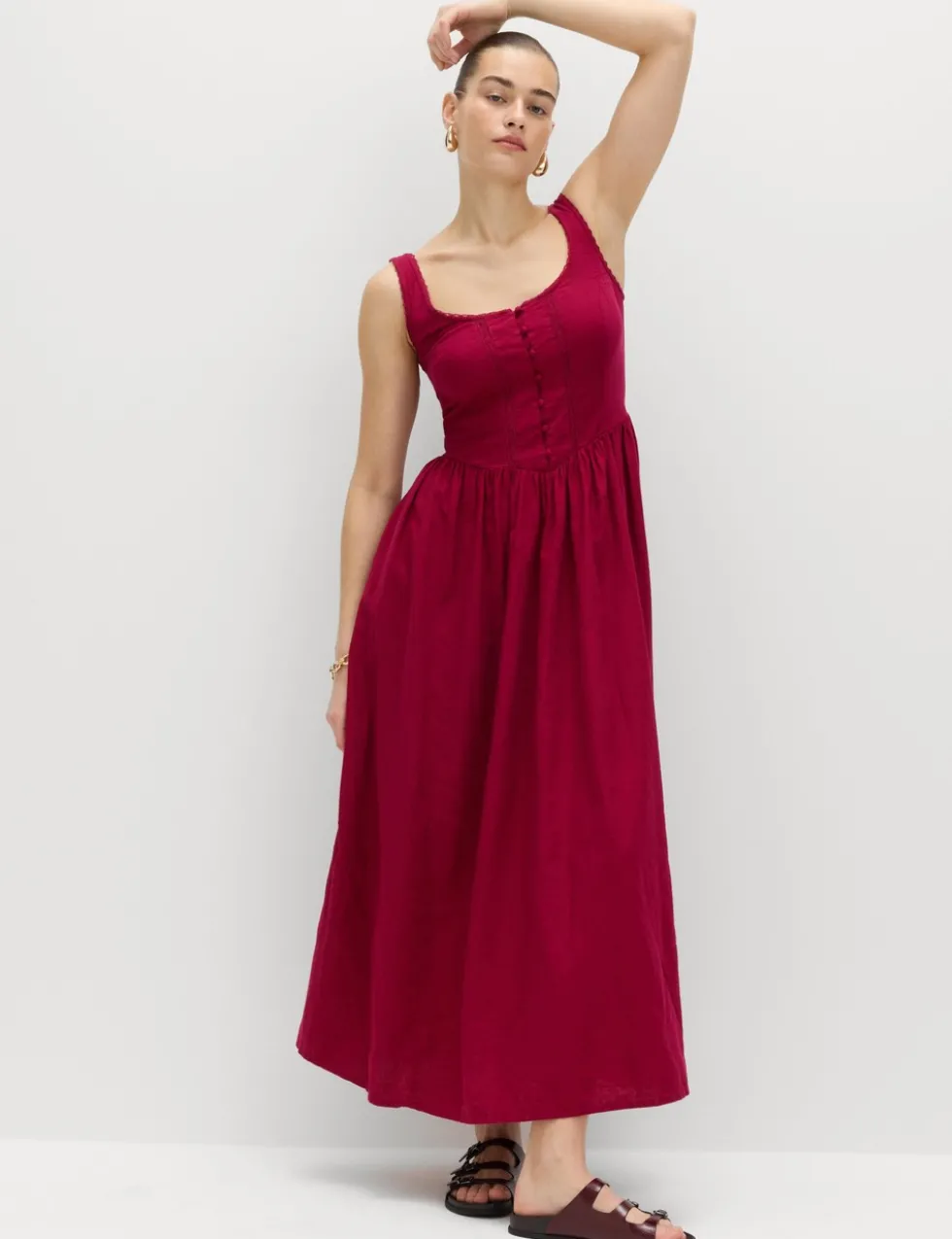 Linen Rich Scoop Neck Lace Insert Midi Waisted Dress