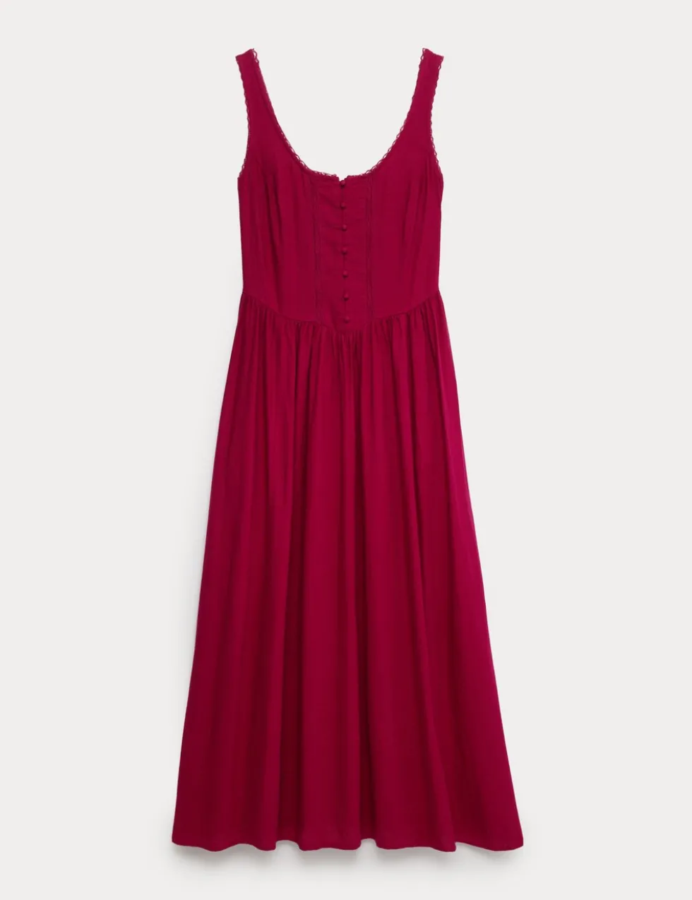 Linen Rich Scoop Neck Lace Insert Midi Waisted Dress