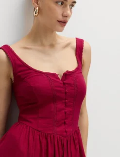 Linen Rich Scoop Neck Lace Insert Midi Waisted Dress
