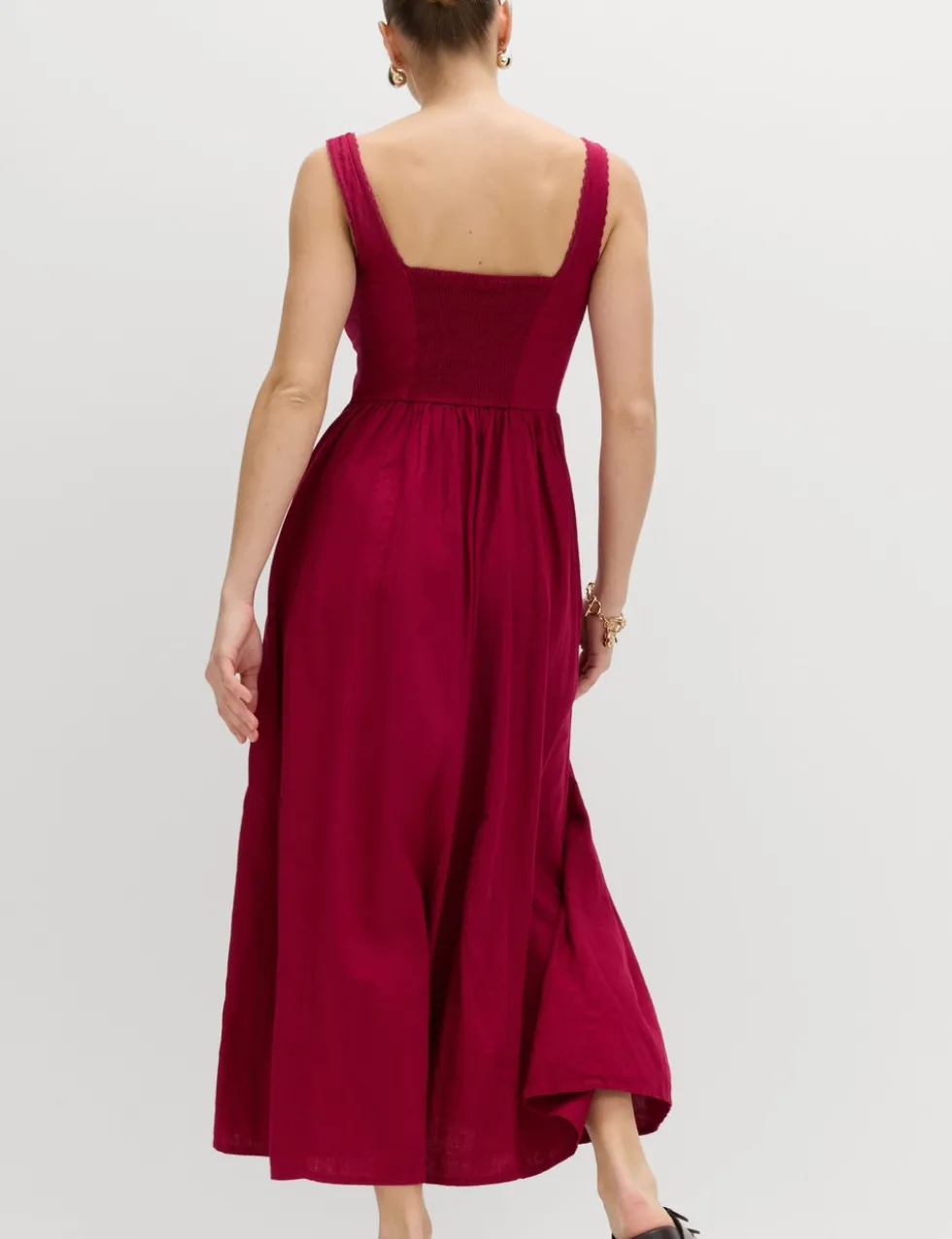 Linen Rich Scoop Neck Lace Insert Midi Waisted Dress