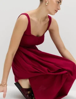 Linen Rich Scoop Neck Lace Insert Midi Waisted Dress