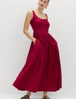 Linen Rich Scoop Neck Lace Insert Midi Waisted Dress
