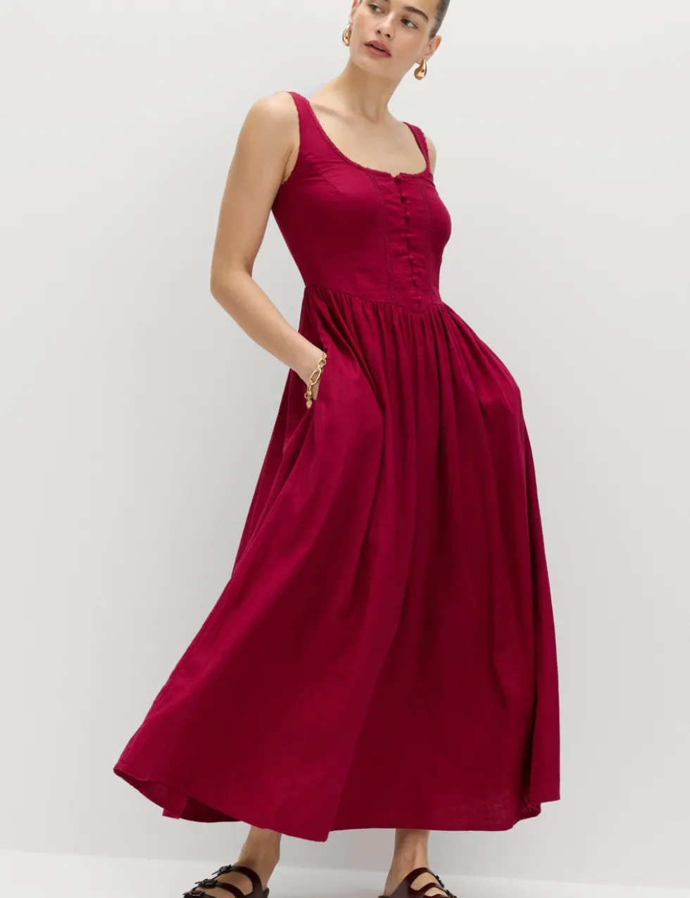 Linen Rich Scoop Neck Lace Insert Midi Waisted Dress