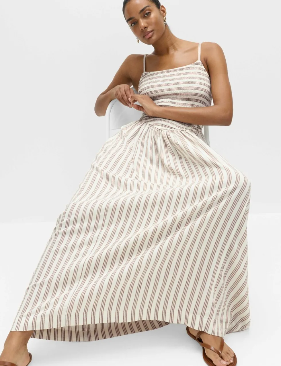 Linen Rich Shirred Maxi Shift Dress