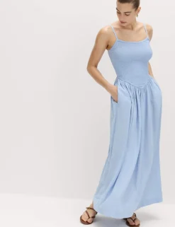 Linen Rich Shirred Midi Dress