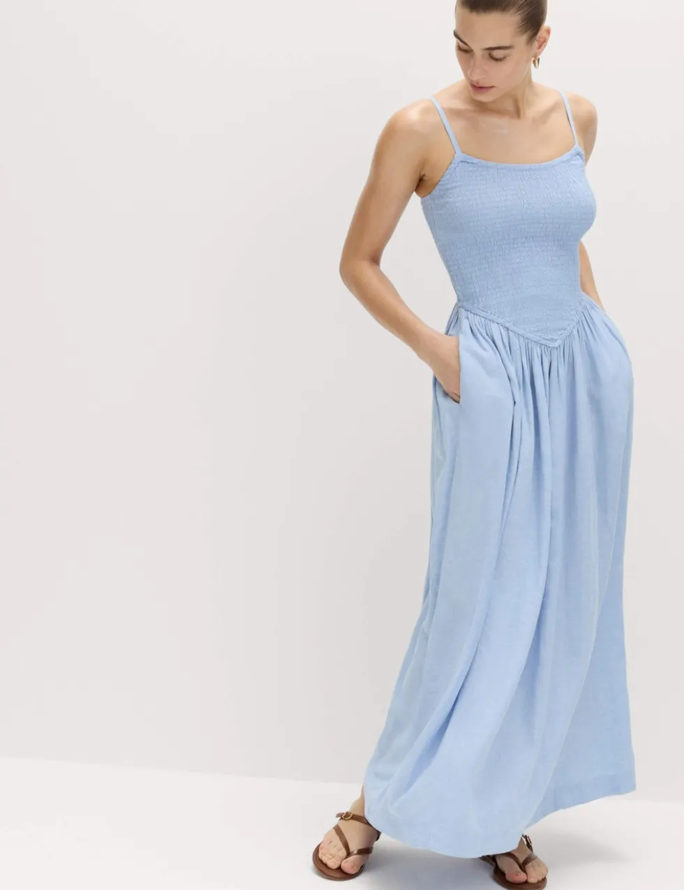 Linen Rich Shirred Midi Dress