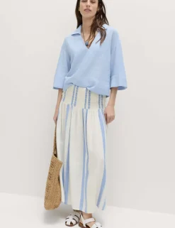 Linen Rich Shirred Tie Detail Maxi Skirt