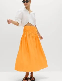 Linen Rich Shirred Tie Detail Maxi Skirt