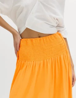 Linen Rich Shirred Tie Detail Maxi Skirt