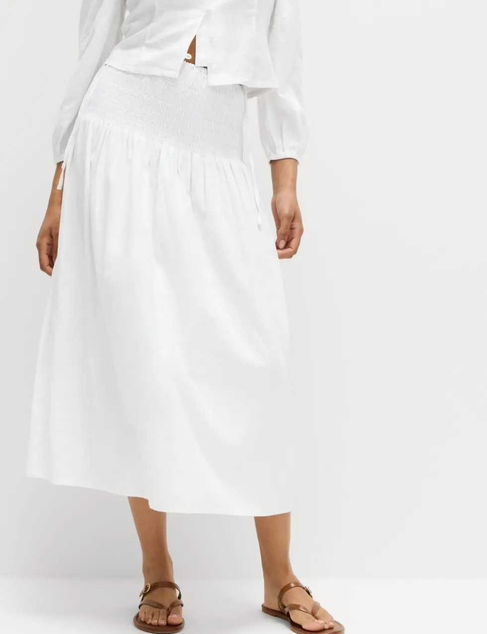 Linen Rich Shirred Tie Detail Maxi Skirt