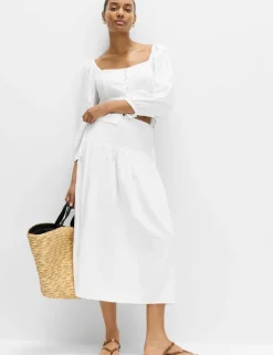 Linen Rich Shirred Tie Detail Maxi Skirt