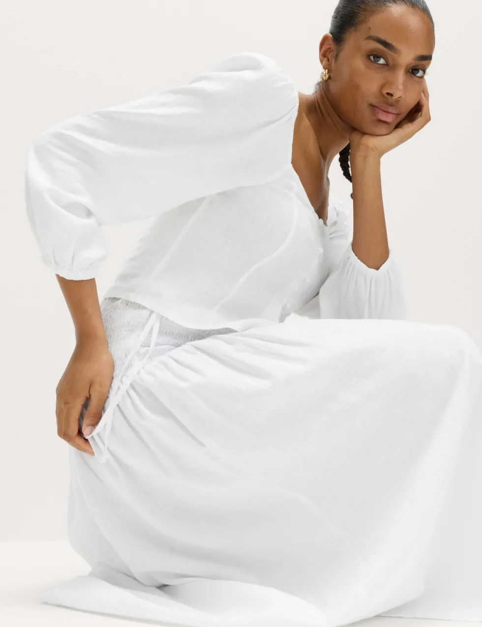 Linen Rich Shirred Tie Detail Maxi Skirt