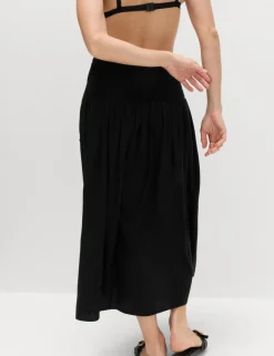 Linen Rich Shirred Tie Detail Maxi Skirt