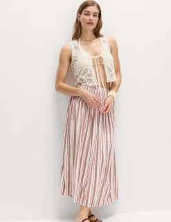 Linen Rich Shirred Tie Detail Maxi Skirt