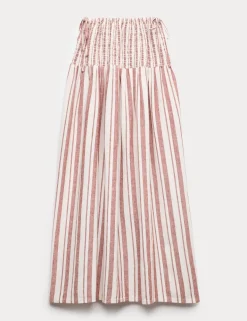Linen Rich Shirred Tie Detail Maxi Skirt