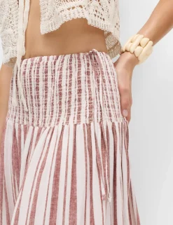 Linen Rich Shirred Tie Detail Maxi Skirt