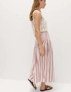 Linen Rich Shirred Tie Detail Maxi Skirt